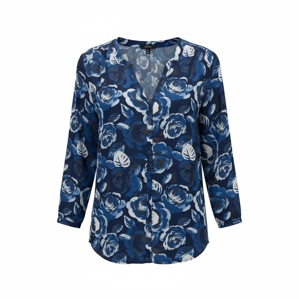 NYDJ Women Blouse L Petite Blue Rose Floral Split Neck Feminine Boho Romantic